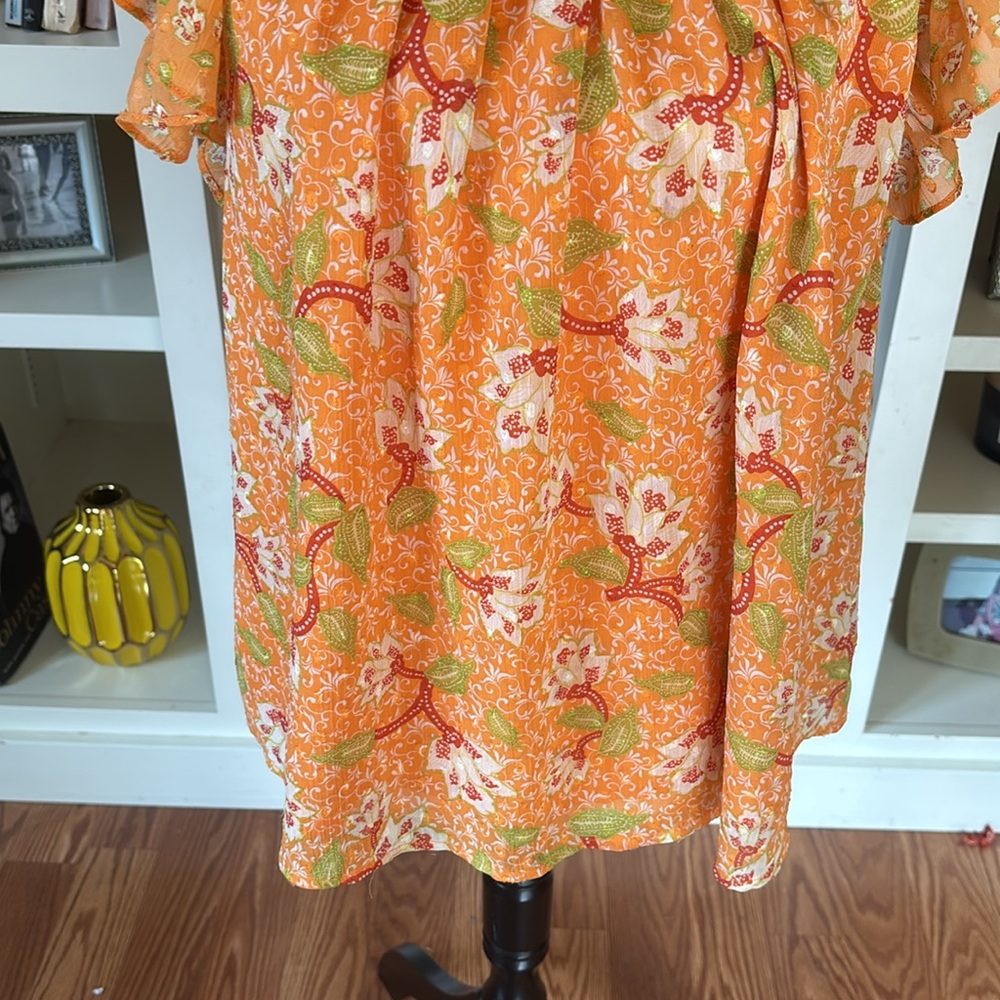 Orange Floral Flutter Sleeve Blouse Medium Cottagecore Boho Spring Anthropologie - Picture 3 of 12